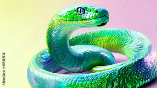 A brightly colored snake displays its striking features while coiling and twisting against a vivid, pastel backdrop, showcasing its natural elegance. photo