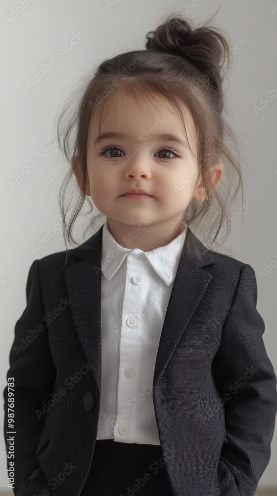 Stylish Toddler Girl in Dark Suit with Hair Bun in Minimalist Background Stylish Toddler Girl in Dark Suit with Hair Bun in Minimalist Background