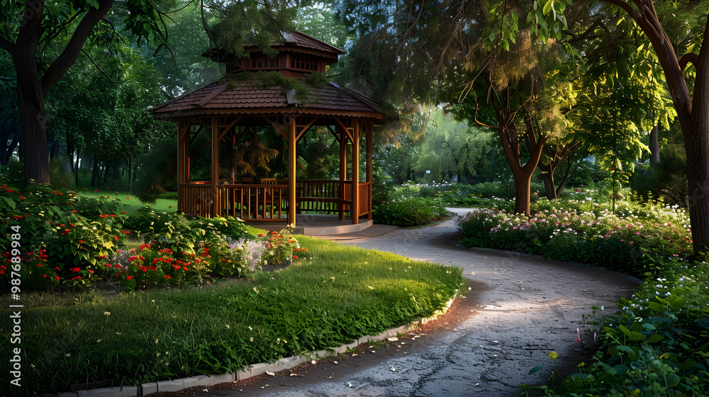 Serene Garden Path with Gazebo and Lush Greenery Serene Garden Path with Gazebo and Lush Greenery