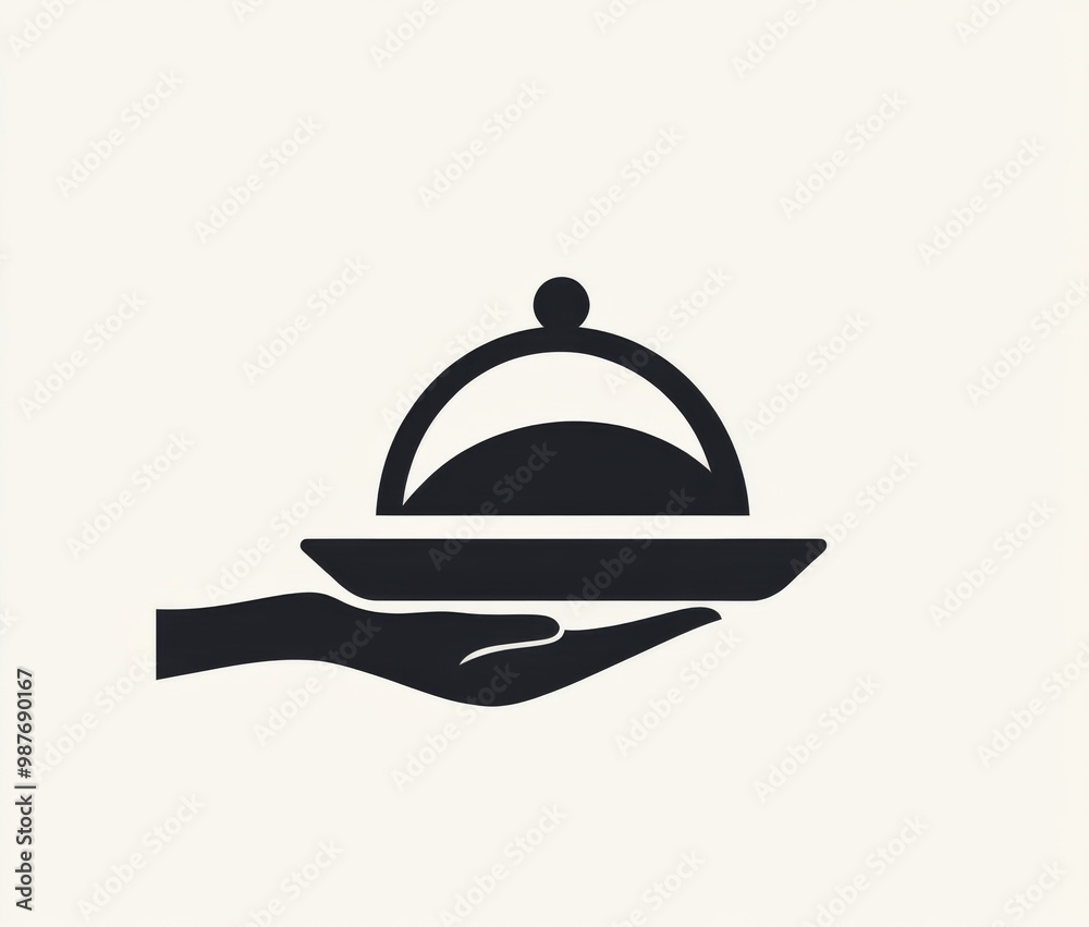Fototapeta premium Minimalistic logo featuring a hand holding a cloche over a food tray, ideal for culinary or hospitality branding concepts.