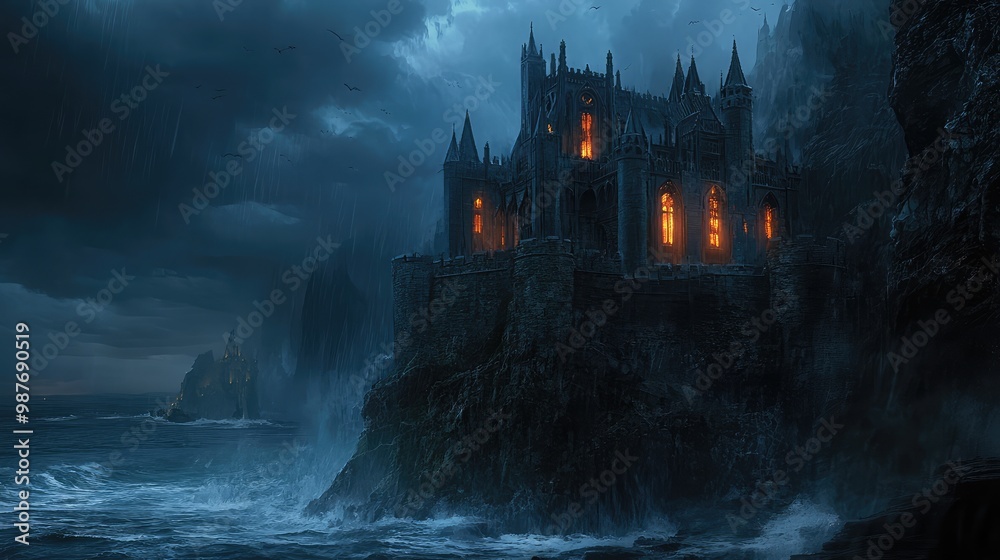 Fototapeta premium A dark, enchanted castle with glowing windows, sitting atop a cliff overlooking a vast, stormy sea.