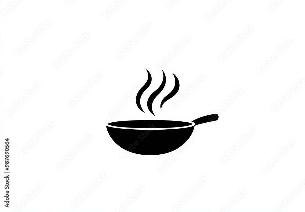 logo design featuring a cooking pan with steam rising, set against a clean white background. This simple line art logo uses a monochrome black and gray color palette, perfect for a food truck business logo design featuring a cooking pan with steam rising, set against a clean white background. This simple line art logo uses a monochrome black and gray color palette, perfect for a food truck business