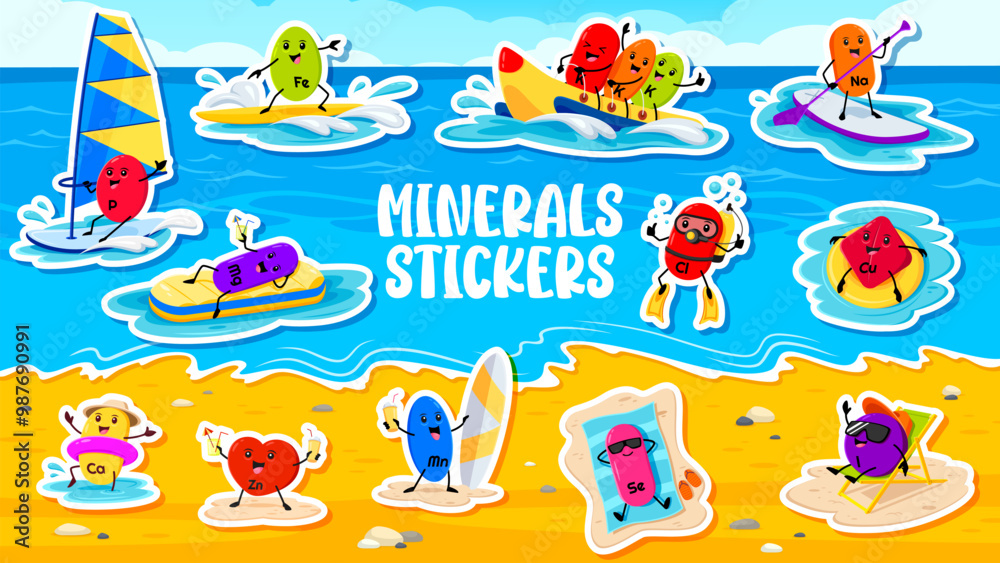 Fototapeta premium Cartoon micronutrient and mineral characters on summer beach vacation, vector stickers pack. Funny happy nutrition minerals characters stickers of potassium on banana boat and iron on surfboard