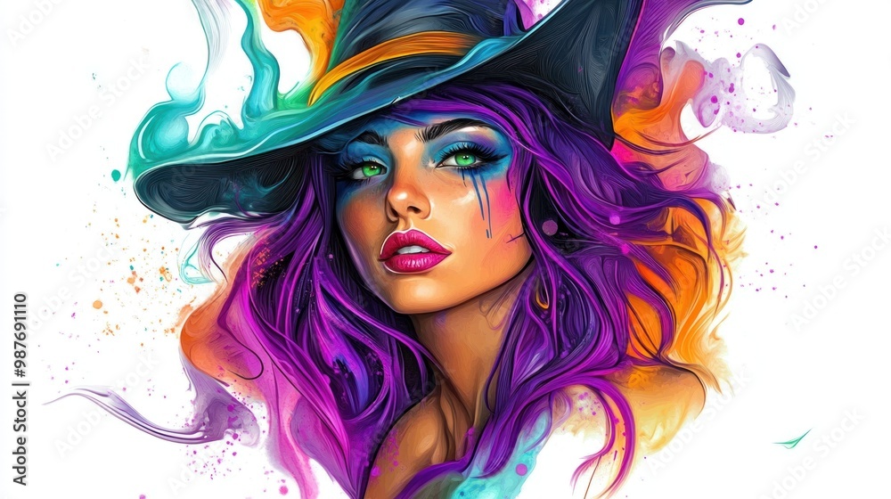 Obraz premium Enchanting Witch with Purple Hair and a Wide-Brimmed Hat