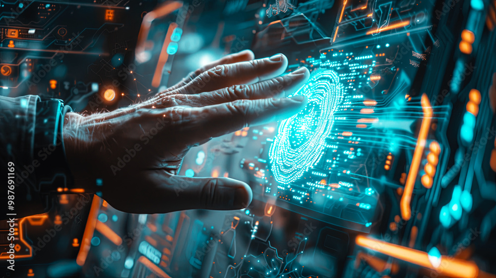 Futuristic digital interface with a hand interacting with holographic data visualization. Concept of technology and innovation. Futuristic digital interface with a hand interacting with holographic data visualization. Concept of technology and innovation.