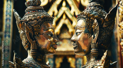 Two giants cast from brass Decorated with stained glass, Thai style, standing facing each other in a Thai temple