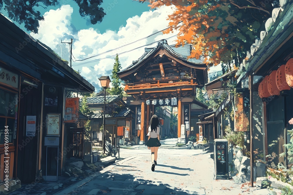 Anime girl walking through a traditional Japanese street with a torii gate in the background Anime girl walking through a traditional Japanese street with a torii gate in the background