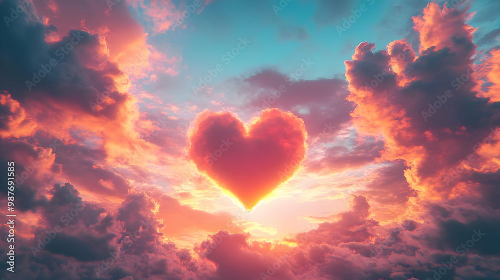 Heart Shaped Cloud in Sunset Sky - Illustration Heart Shaped Cloud in Sunset Sky - Illustration