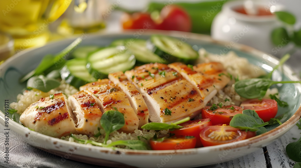 Grilled Chicken Quinoa Bowl with Cucumber and Tomato Salad Grilled Chicken Quinoa Bowl with Cucumber and Tomato Salad