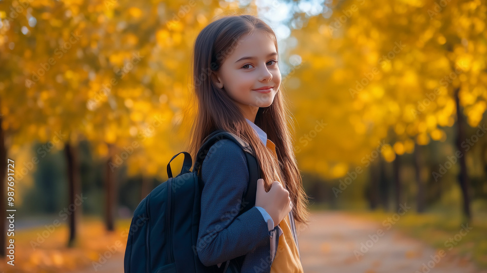 Cheerful young girl in a school uniform with a backpack enjoying a sunny day in an autumn park surrounded by golden leaves