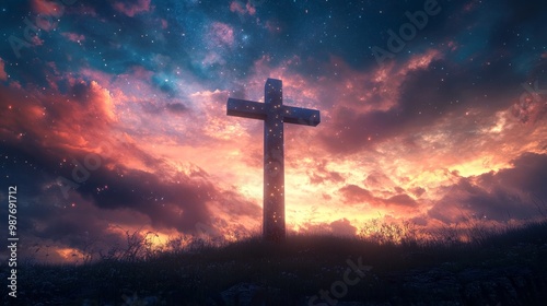 giant Christian cross with beautiful magical background hyperrealistic HD