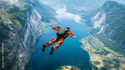A skydiver plunges towards a stunning mountain lake, the turquoise water contrasting with the lush green slopes.