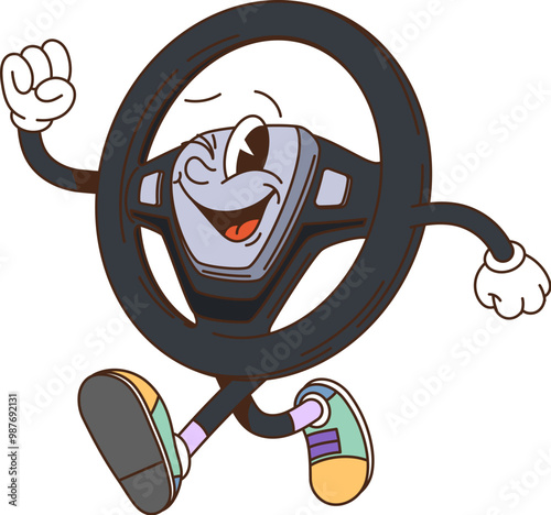 Retro groovy car steering wheel character. Isolated cartoon vector helm, vehicle part personage with playful, cheerful expression, wearing colorful groovy sneakers. Whimsical, fun and quirky car wheel