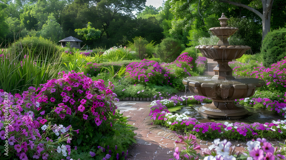 Serene Garden Fountain with Blooming Flowers Serene Garden Fountain with Blooming Flowers