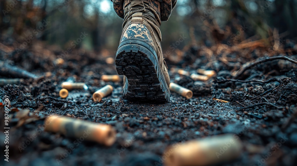 Consequences of Violence - Soldier's Boot on Battlefield with Shells, Space for Text