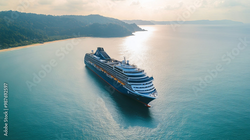 Aerial view large cruise ship at sea, Passenger cruise ship vessel  