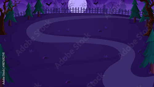 Cartoon Halloween cemetery landscape with full moon for horror night holiday, vector background. Halloween cemetery or graveyard in haunted forest with flying bats in scary spooky fog clouds