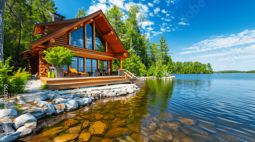 Scenic lakefront log cabin surrounded by lush green trees under a clear blue sky, perfect for a peaceful vacation getaway.