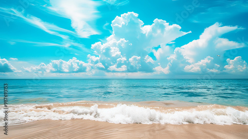 turquoise sea with smooth sand on beach wave under blue sky white cloud on summer vacation holiday