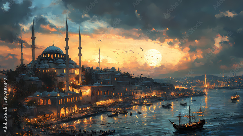 Obraz premium Vintage oil painting landscape view of istanbul with a majestic mosque at night during ottoman empire. Byzantine Empire. Illustration