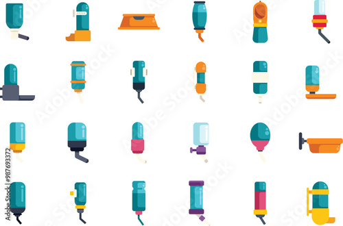 Collection of colorful icons depicting various types of pet water dispensers, showcasing different designs and mechanisms for keeping pets hydrated