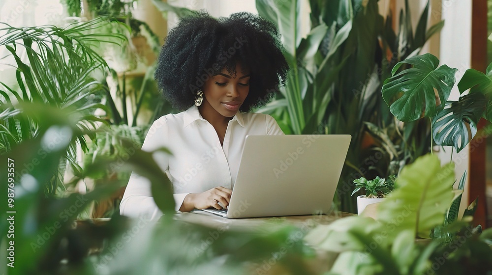 Urban Jungle Workspace: A stylish young woman works on her laptop amidst lush greenery, creating a serene and productive atmosphere. Urban Jungle Workspace: A stylish young woman works on her laptop amidst lush greenery, creating a serene and productive atmosphere.
