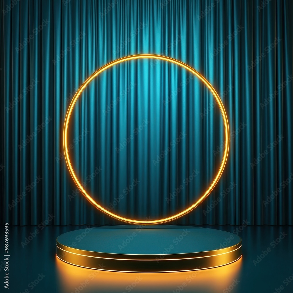 Glowing Circle and Podium on Teal Curtain Background. Glowing Circle and Podium on Teal Curtain Background.