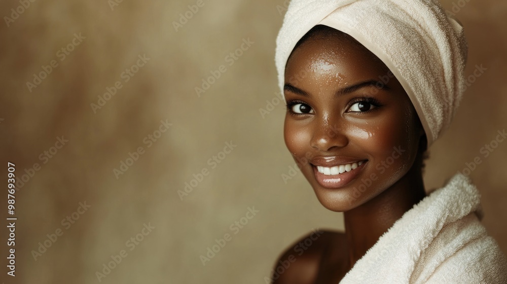 Obraz premium A Woman with a Towel Wrapped Around Her Head, Smiling