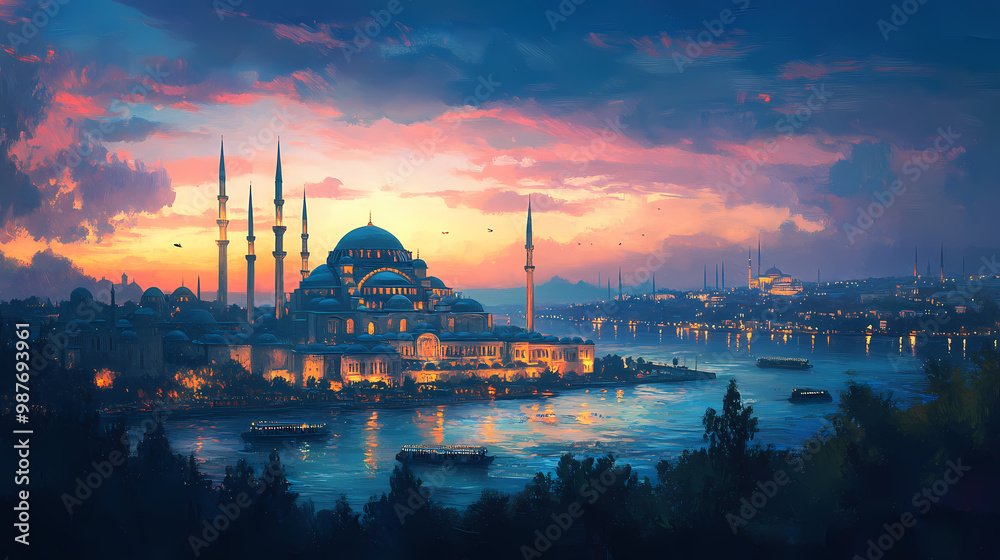 Obraz premium Vintage oil painting landscape view of istanbul with a majestic mosque at night during ottoman empire. Byzantine Empire. Illustration