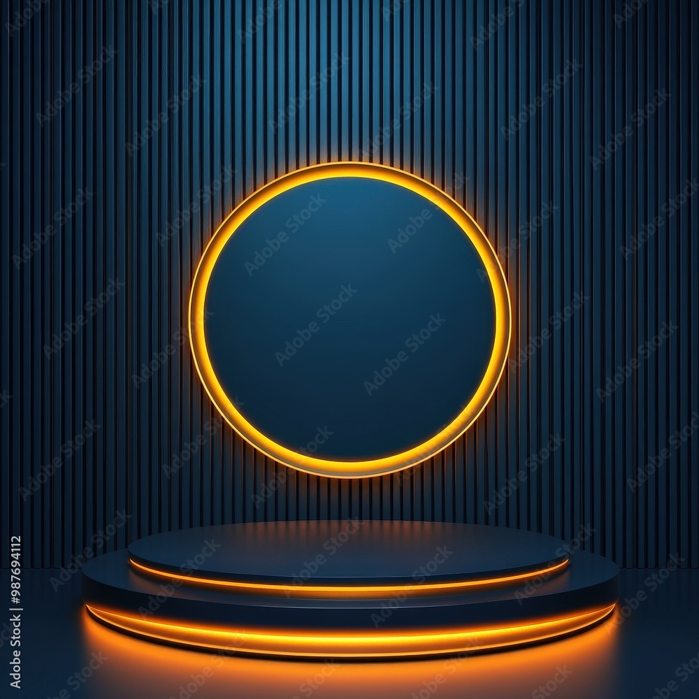 Glowing Circle on Dark Blue Wall with Platform. Glowing Circle on Dark Blue Wall with Platform.