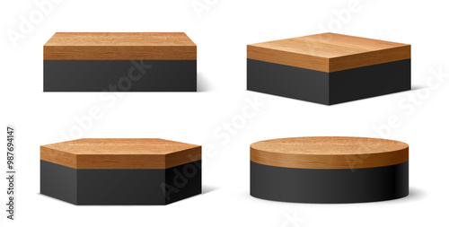 3d black podium stage with wooden floor plate for showcasing products or presentations. Vector realistic modern and stylish scenes of round, square, hexagonal shapes for commercial promotional events