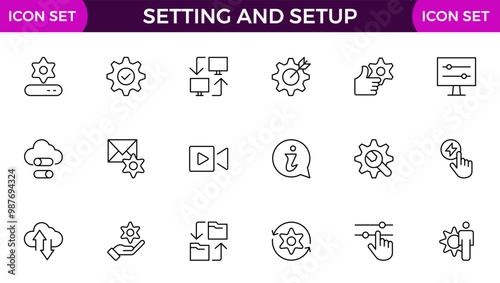 Setting and setup Solid icon collection. app and website settings icon set. options, configuration, preferences, adjustments, tools, gear, control panel, management, and productivity icons.