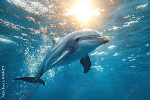 Obraz Playful Dolphin Swimming in Crystal Clear Ocean Waters Under the Bright Sunlight