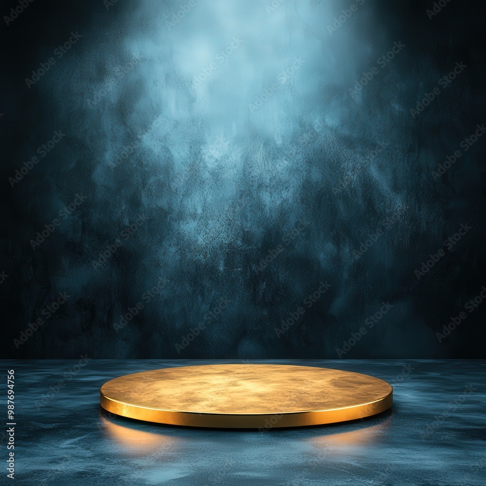 Golden Podium on Blue Concrete Background with Spotlight. Golden Podium on Blue Concrete Background with Spotlight.