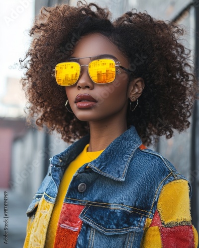 Sexy model posing outdoors in patchwork shirt photo