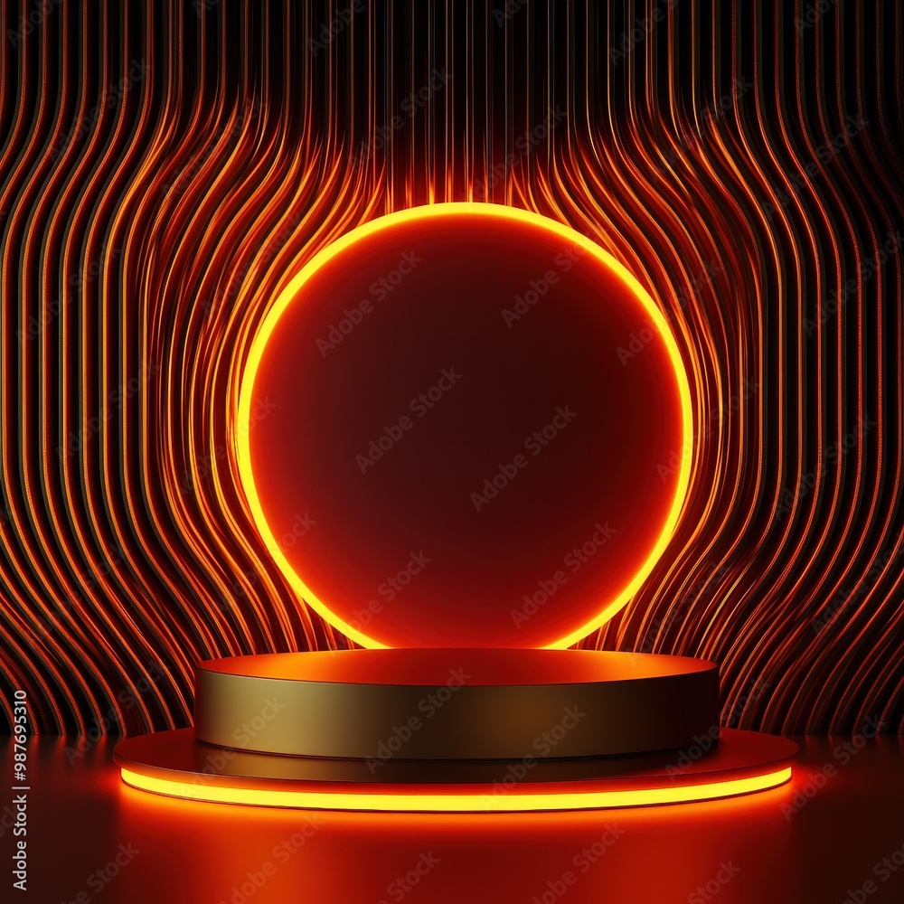 Golden Podium with Neon Circle on Wavy Background. Golden Podium with Neon Circle on Wavy Background.