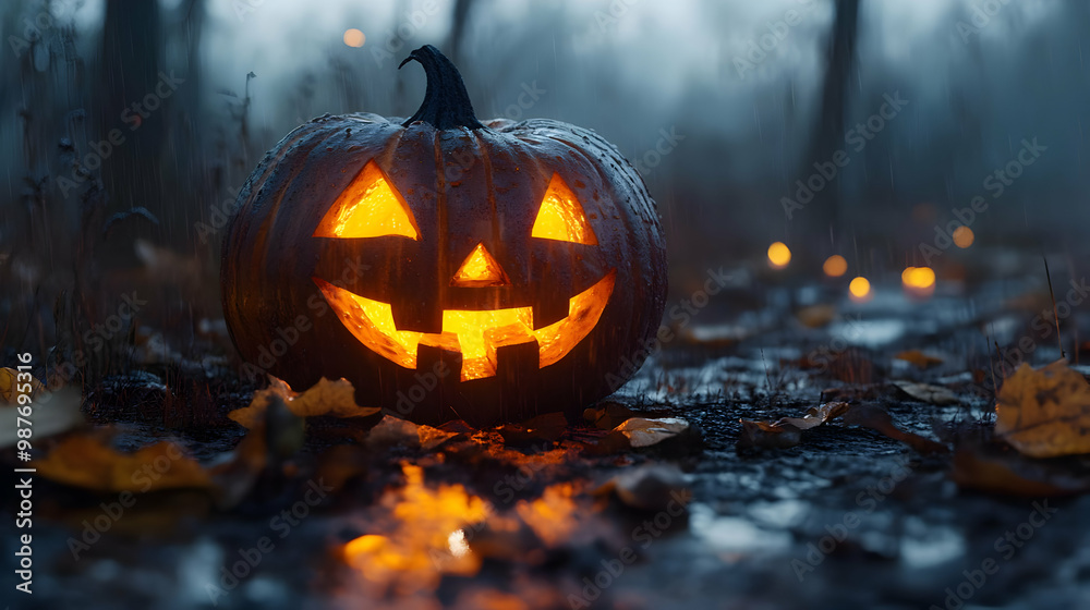 Spooky Jack-o'-Lantern in the Rain 3D Illustration Spooky Jack-o'-Lantern in the Rain 3D Illustration