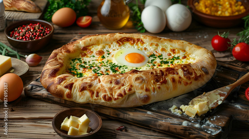 Delicious Khachapuri with Egg Georgian Cuisine photo