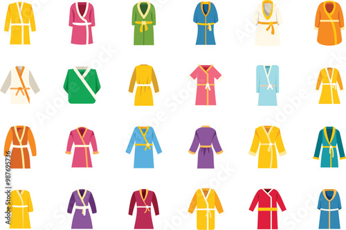 Large set of colorful bathrobes icons showing variety of styles and colors, perfect for representing spa, relaxation or homewear