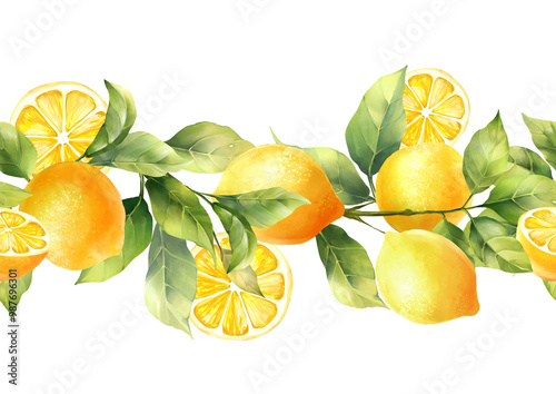 Hand-drawn pattern, seamless fruit border of lemons and leaves