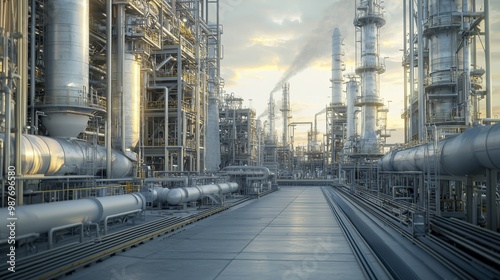 A futuristic oil refinery plant designed to operate with zero emissions, utilizing advanced filtration and energy-efficient technologies to set a new standard in the industry