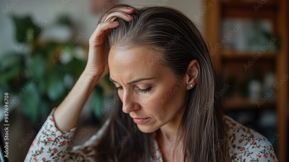 middle aged woman with thinning hair looks pensive while using her computer middle aged woman with thinning hair looks pensive while using her computer