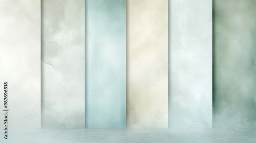 A series of white and blue striped panels, creating a sense of depth and texture