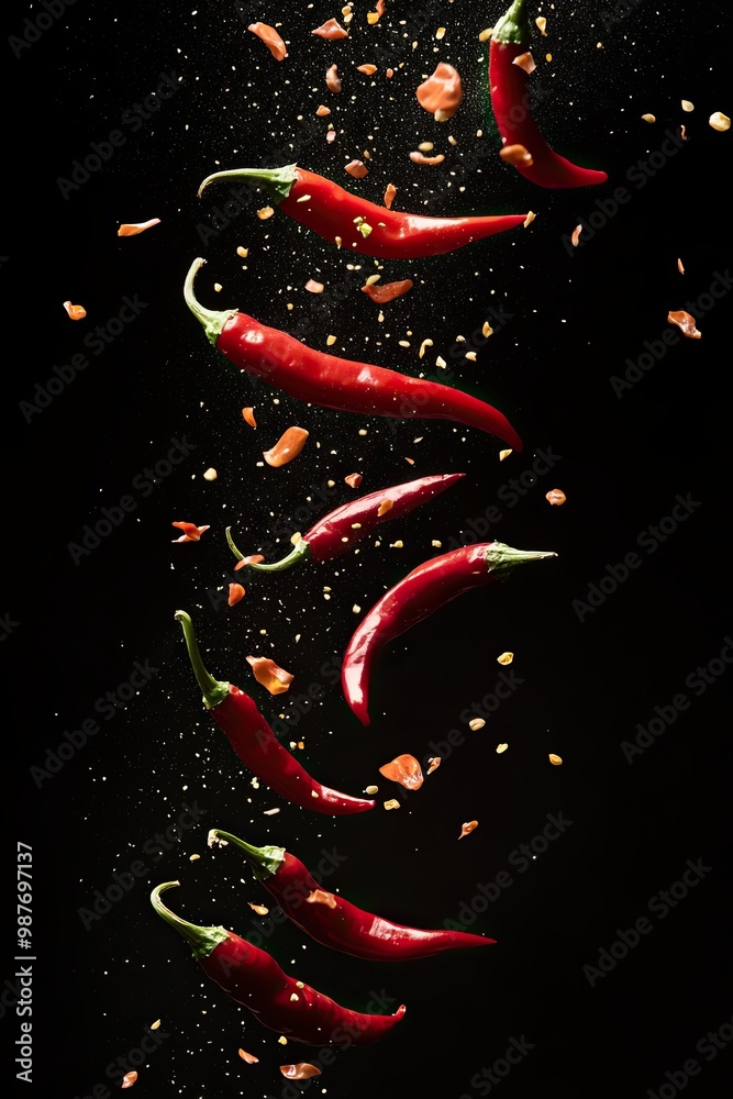 Super slow motion of flying and spinning red chili peppers. Filmed on a high-speed film camera at 1000 frames per second. Black background. Super slow motion of flying and spinning red chili peppers. Filmed on a high-speed film camera at 1000 frames per second. Black background.