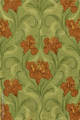 A pattern of orange flowers with green leaves and stems