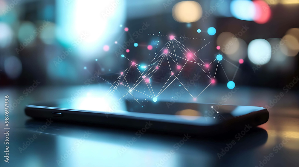 A smartphone with a glowing network of connected dots. A smartphone with a glowing network of connected dots.