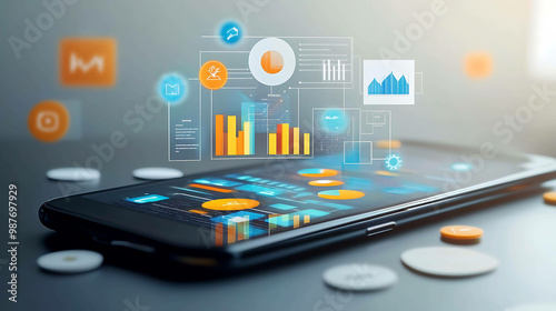 Wallpaper Mural A smartphone lies on a table with digital data graphics floating above it. Torontodigital.ca