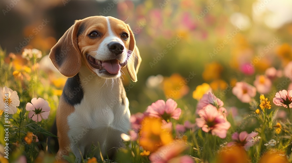 Beagle in flowers, green lawn full of flowers, Beagle very cute expression Beagle in flowers, green lawn full of flowers, Beagle very cute expression