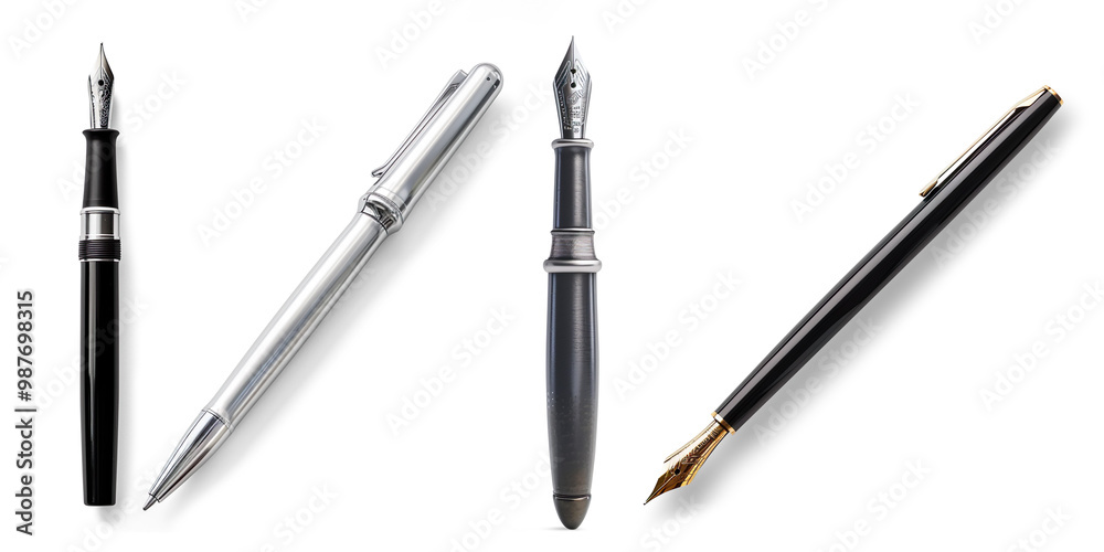 Elegant Black Fountain Pen with Silver Nib on a Transparent Background Elegant Black Fountain Pen with Silver Nib on a Transparent Background
