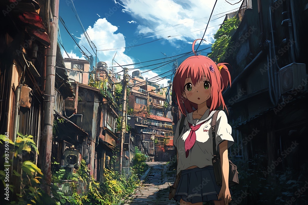 Obraz premium Anime girl in school uniform walking down an alleyway in a Japanese city